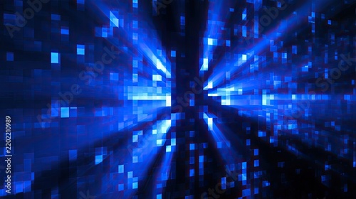 Abstract blue light streaks emanate from a central glowing pixelated core
