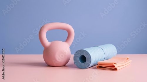 A pink kettlebell, a rolledup blue yoga mat, and a peachcolored resistance band arranged on a pink surface against a light blue background