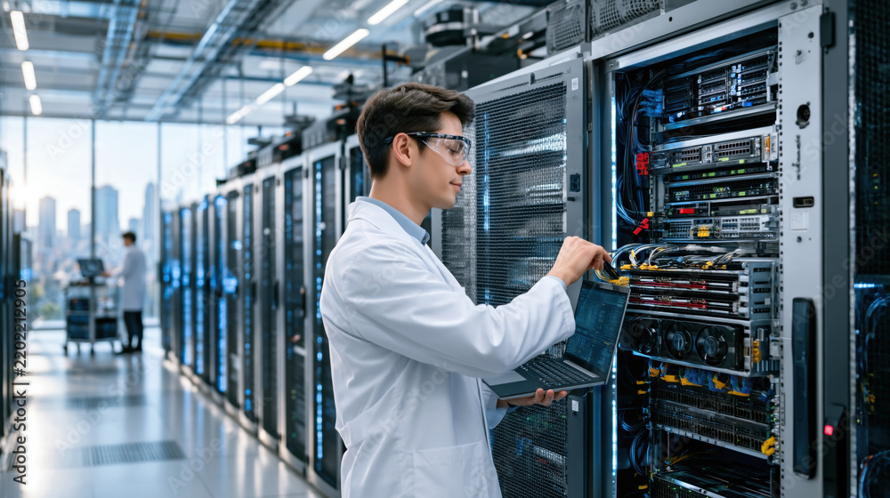 Fototapeta premium IT engineer working in modern data center, configuring server hardware and network cables with focused expression