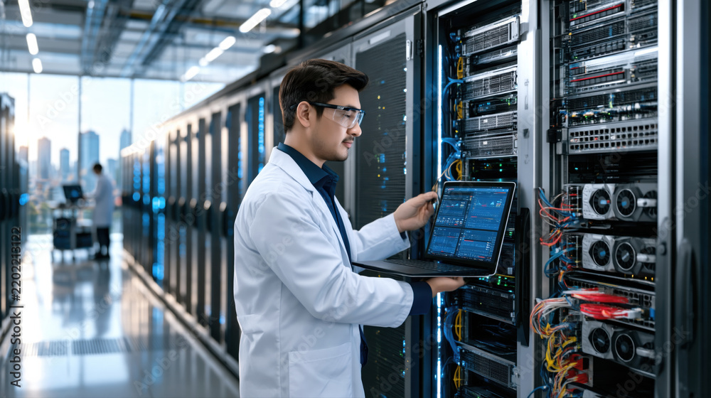 Fototapeta premium IT technician monitoring server rack with diagnostic laptop in modern data center, focused and professional
