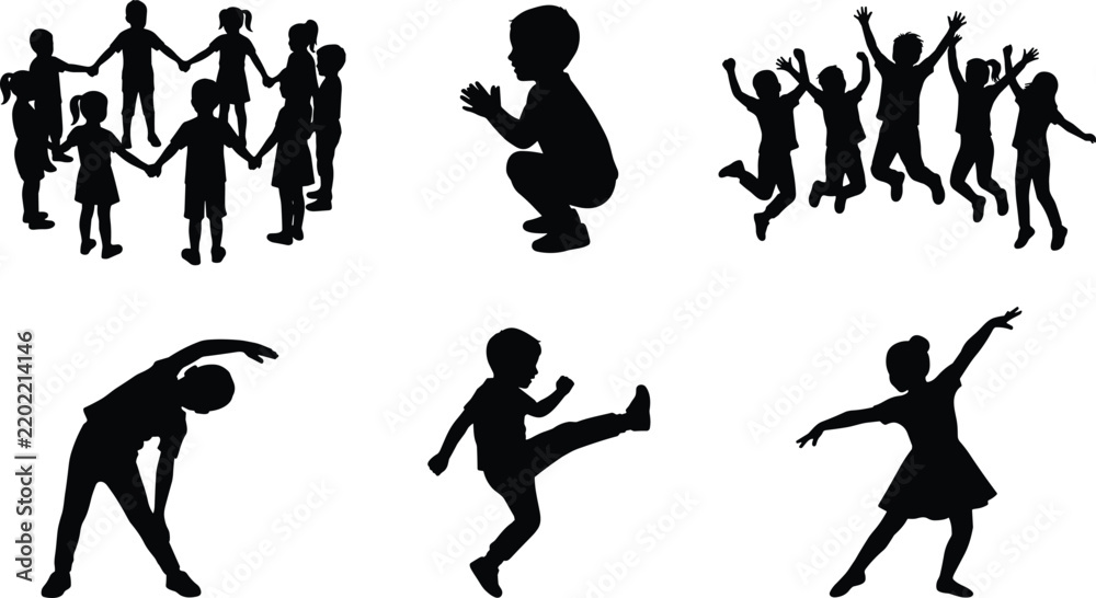 Obraz premium Children Activity Silhouette Collection Featuring Group Play, Exercise, Dancing and Energetic Movement Poses