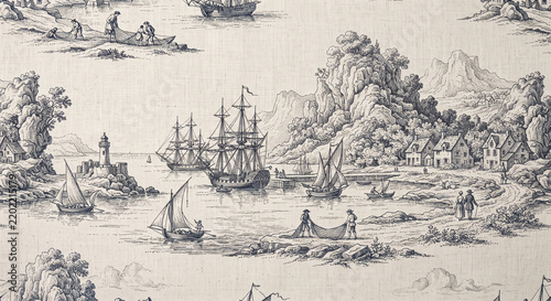 French Maritime Toile de Jouy Coastal Harbor Sailboats Background