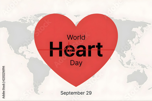 Red Heart Shape Over World Map Celebrating World Heart Day with Bold Typography and ECG Line, Featuring September 29 Awareness Date  