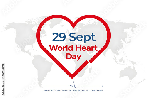 World Heart Day 29 September Awareness Poster with Red Heart Outline, Global Map Background, and Slogan for Heart Health  
