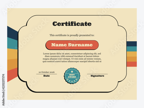 Retro style certificate template. 1970s style certificate design for company.