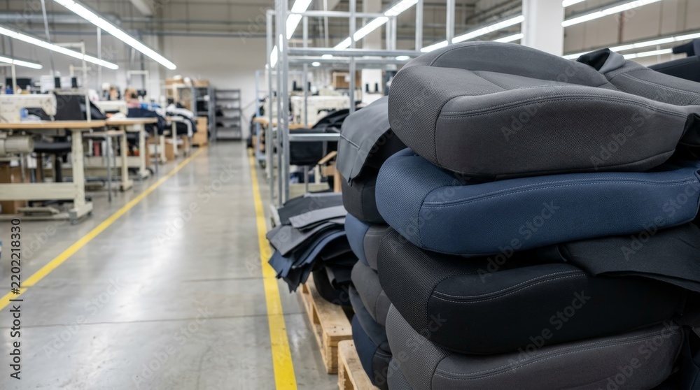 Obraz premium Automotive Seat Upholstery Production and Sewing Assembly Line in Modern Vehicle Interior Component Factory