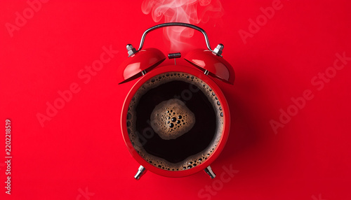 Top-Down View of a Steaming Cup of Coffee in a Classic Red Alarm Clock on Vibrant Red Background