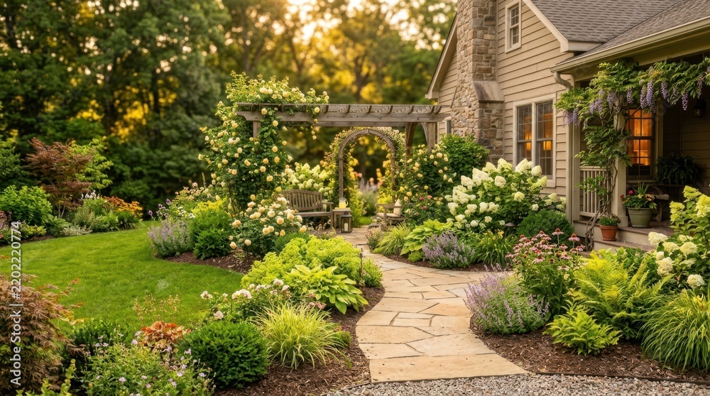 Obraz premium A serene backyard garden featuring a stone pathway leading to a wooden pergola at sunset light