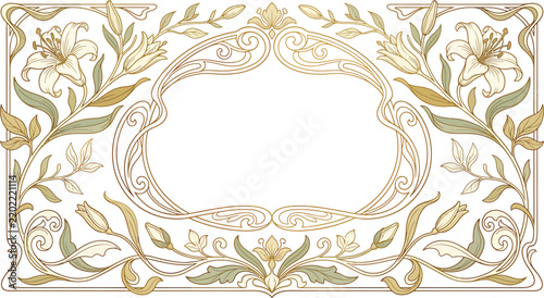 Art Nouveau floral frame vector, vintage lily flower border for wedding invitations, elegant gold ornamental cartouche background label