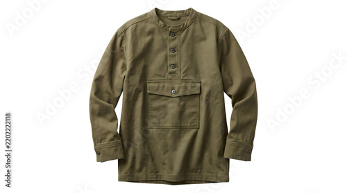 Olive drab military smock, vintage canvas pullover shirt with front pocket, rugged army green tactical workwear, outdoor adventure apparel
