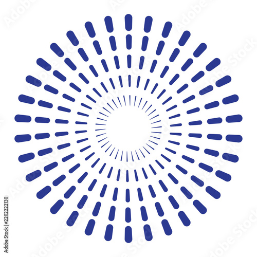 Blue radial sunburst pattern with concentric dashed lines on transparent background