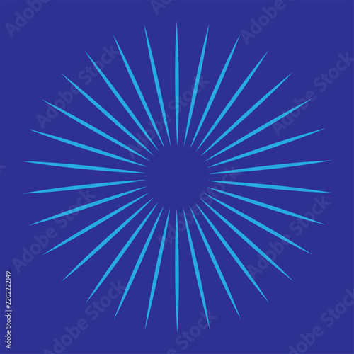 Blue sunburst with thin radial lines on a solid dark blue background