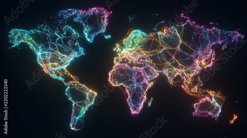 Colorful Digital Network Visualization of World Map with Bright Neon Lines and Nodes Representing Global Connectivity