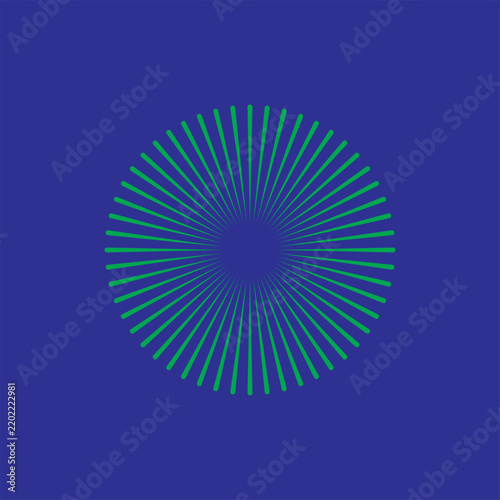 Green sunburst with radial lines on a blue background
