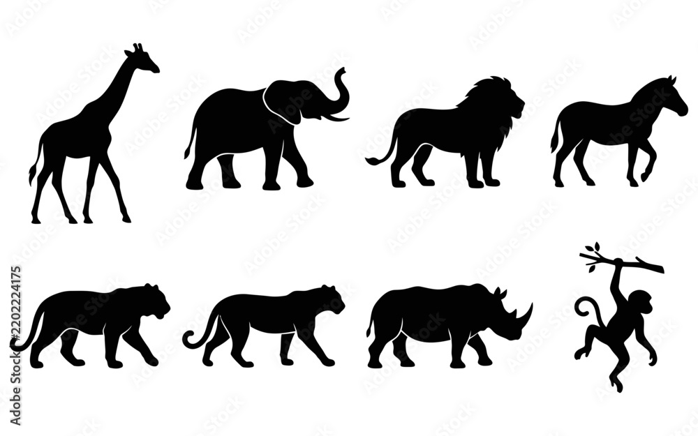 Fototapeta premium Collection of wild african animal silhouettes including giraffe elephant lion zebra tiger and monkey isolated on white