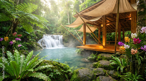 Bamboo pavilion beside a tropical waterfall in a lush rainforest setting