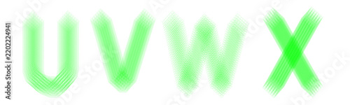 Neon green geometric letters u, v, w, and x with grid pattern