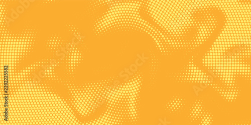 Yellow orange halftone pattern. Retro comic gradient background. Square pixilated dot cartoon texture. Pop art faded gradient pattern