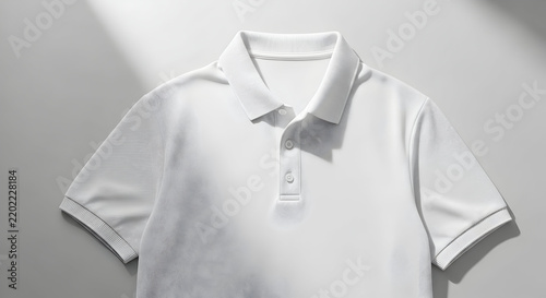 Stylish White Polo Shirt Featuring Unique Design Elements and Subtle Patterns in Soft Natural Lighting Against a Minimalistic Background