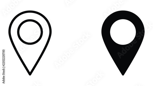Location map pin outline and silhouette icons with location navigation position