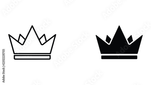 Crown icon set in outlined and solid black styles for royalty and luxury designs