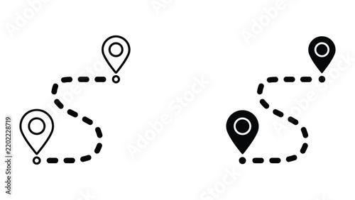 Location path icon set with map markers and dotted line in two styles