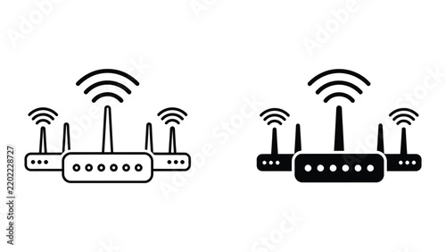 Wireless internet router icons with signal waves in outline and solid