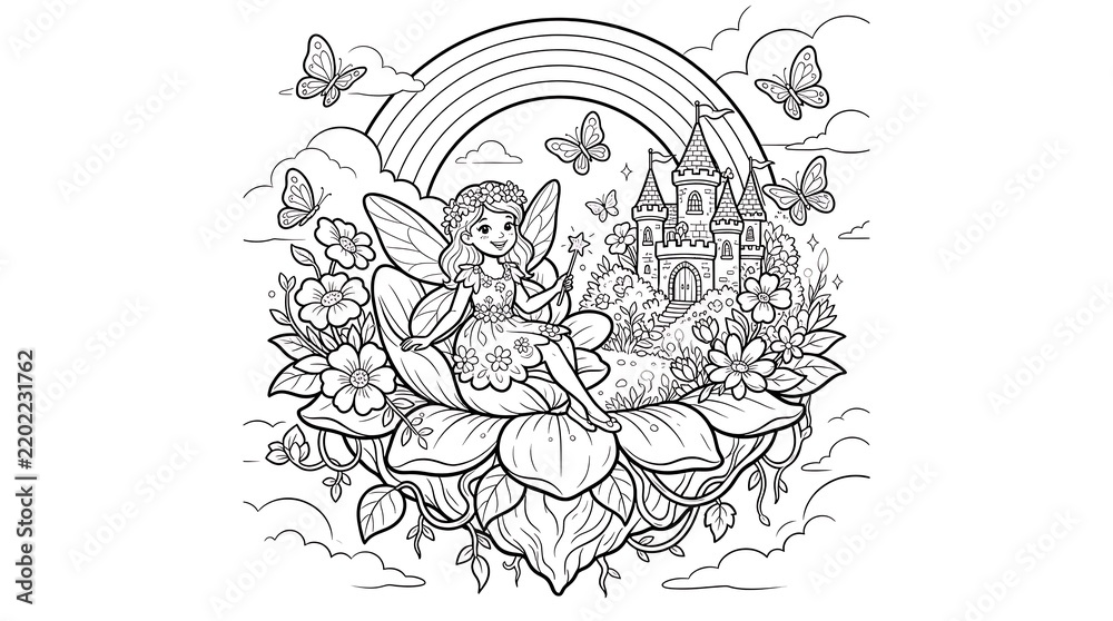 Obraz premium A black and white line of a fairy sitting on a large flower with a castle in the background, and a rainbow, in the sky above