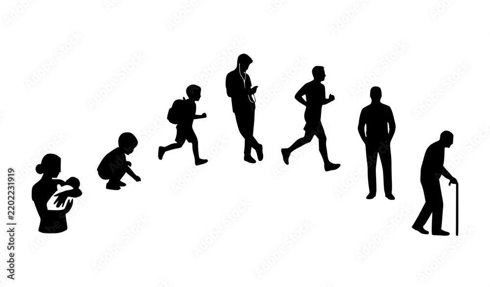 Obraz premium Human Aging Cycle Baby Childhood Adult Senior Black Silhouette Vector