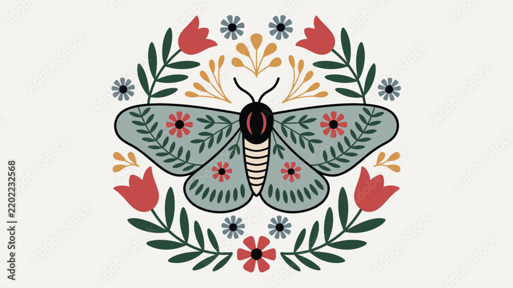 Obraz premium Folk art style moth illustration with floral motifs, decorative leaves, and symmetrical flowers in a circular arrangement, vector graphic design