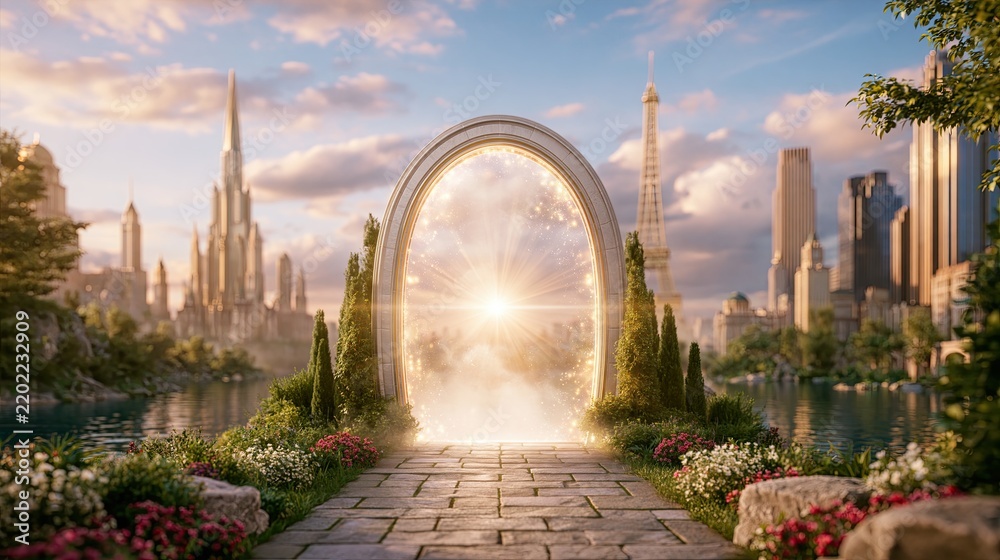 Obraz premium Glowing portal gateway leading to another dimension with surreal city landscapes