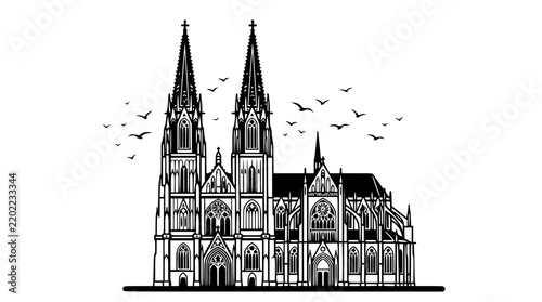 Gothic Cathedral Facade with Flying Birds