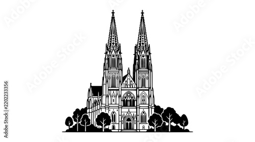 Gothic Cathedral with Twin Spires and Surrounding Trees
