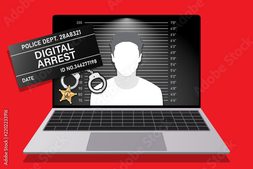 The image illustrates a digital arrest scam, a growing form of cyber fraud where criminals impersonate law enforcement or government officials via video call, using fake arrest warrants, intimidation,