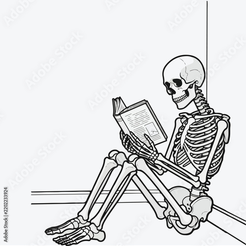 A black and white line art illustration of a human skeleton sitting on the floor in a corner while reading an open book with focus