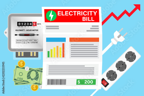 Electricity bill invoice, a digital power meter, cash money, a power strip, and an upward trend arrow signifying rising utility costs