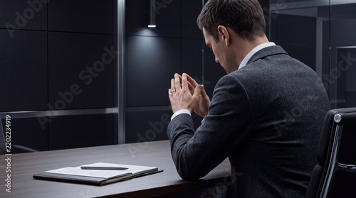 Serious businessman in a grey suit sitting at a desk in a dark atmospheric office, looking down in deep thought with hands clasped together, contemplating a difficult decision or corporate strategy