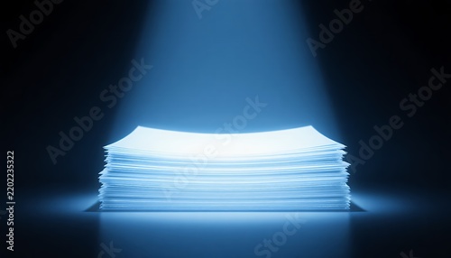 Translucent Glowing Documents Stacked Under Spotlight with Shadows