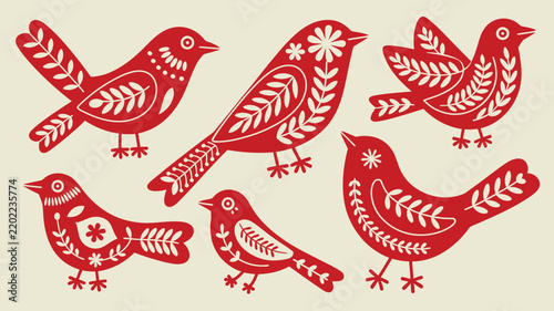 Set of folk art style birds with floral and leaf patterns in red and cream colors