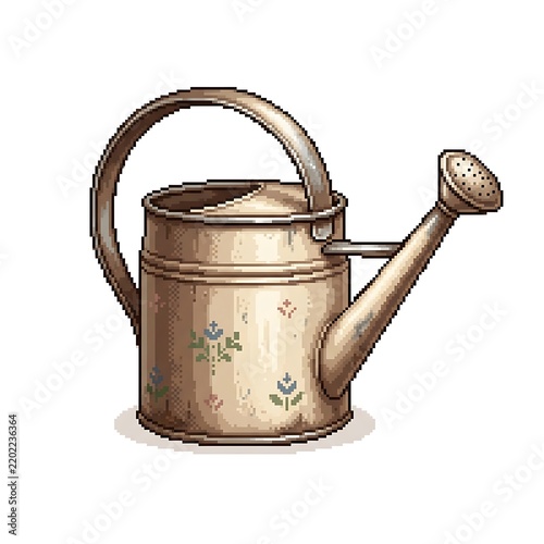 Pixel art illustration of a vintage metal watering can with floral patterns on a white background
