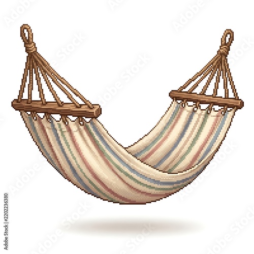 Pixel art illustration of a vintage striped fabric hammock isolated on a white background
