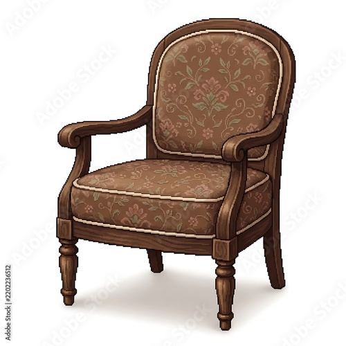 Pixel art illustration of a vintage wooden armchair with floral patterned upholstery