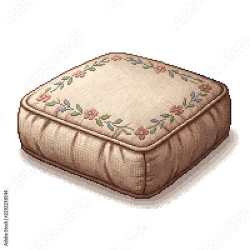 Pixel art illustration of a square floor cushion with a floral embroidery pattern on a white background