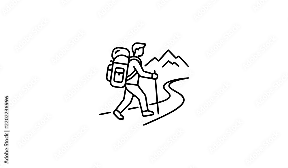 Fototapeta premium Minimal Hiking Backpacker Mountain Trail Linear Vector Icon