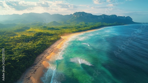 Aerial View Of Tropical Beach With Lush Jungle And Mountains Under Warm Afternoon Sunlight