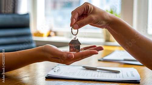 Hands exchanging house keys above real estate documents during a property transaction