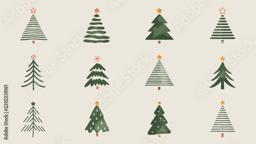 Set of handdrawn christmas trees with stars, festive holiday icons for seasonal design, minimalist evergreen tree illustrations in various artistic styles