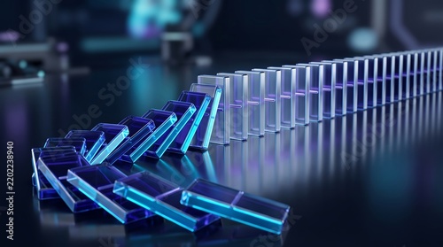 Glass dominoes falling in sequence on dark reflective surface representing business risk management and chain reaction failure in a modern high-end studio 3D rendered composition