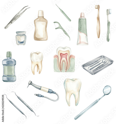 水彩で描いたデンタルケア・歯科医療用品イラスト素材セット　Watercolor Dental Care and Dentistry Equipment Clipart Collection