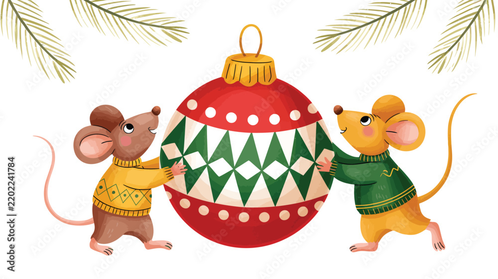 Obraz premium Two cute cartoon mice wearing sweaters holding a large red and green christmas ornament